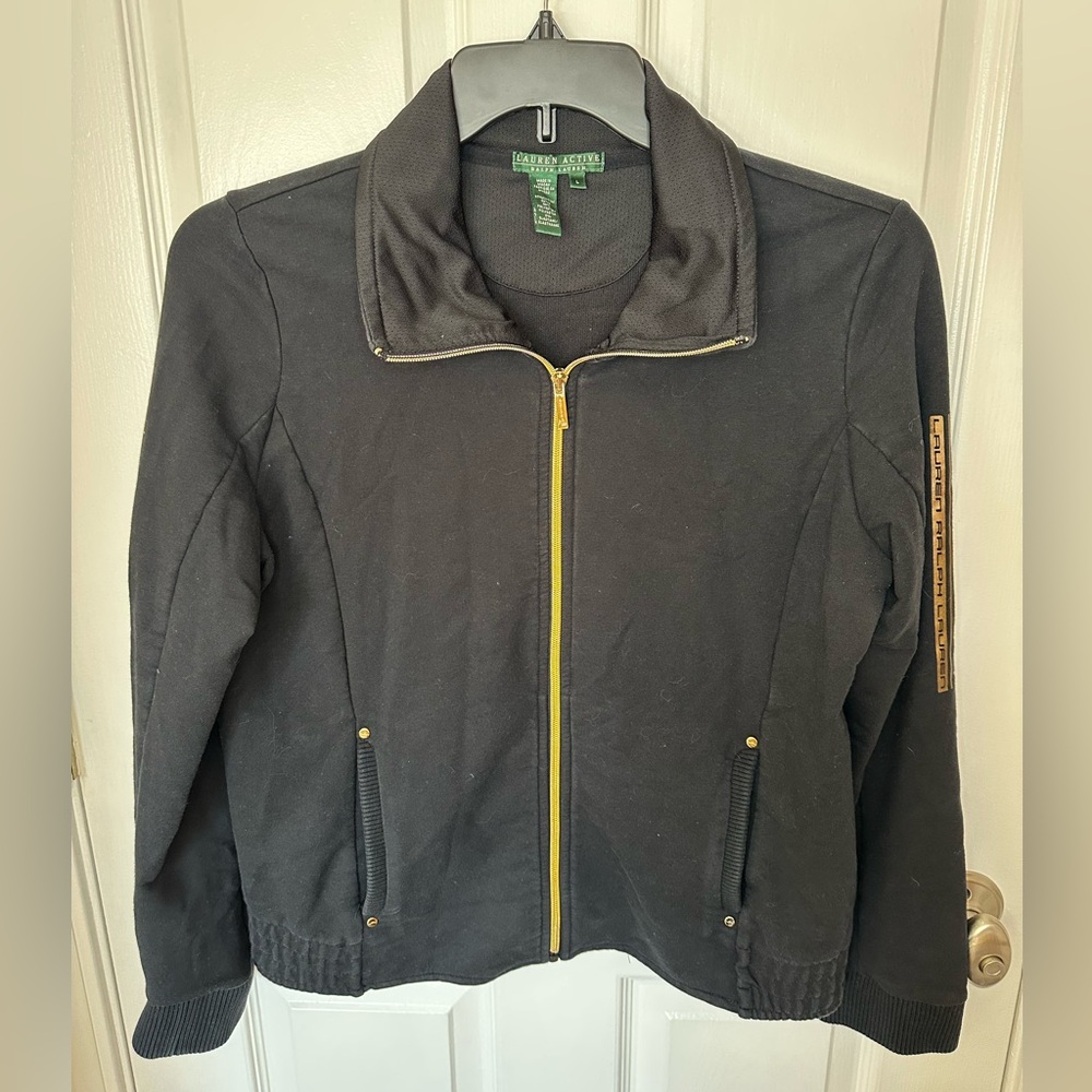 Lauren Ralph Lauren Active Jacket Woman Size Large Full Zip Black & Gold Luxury